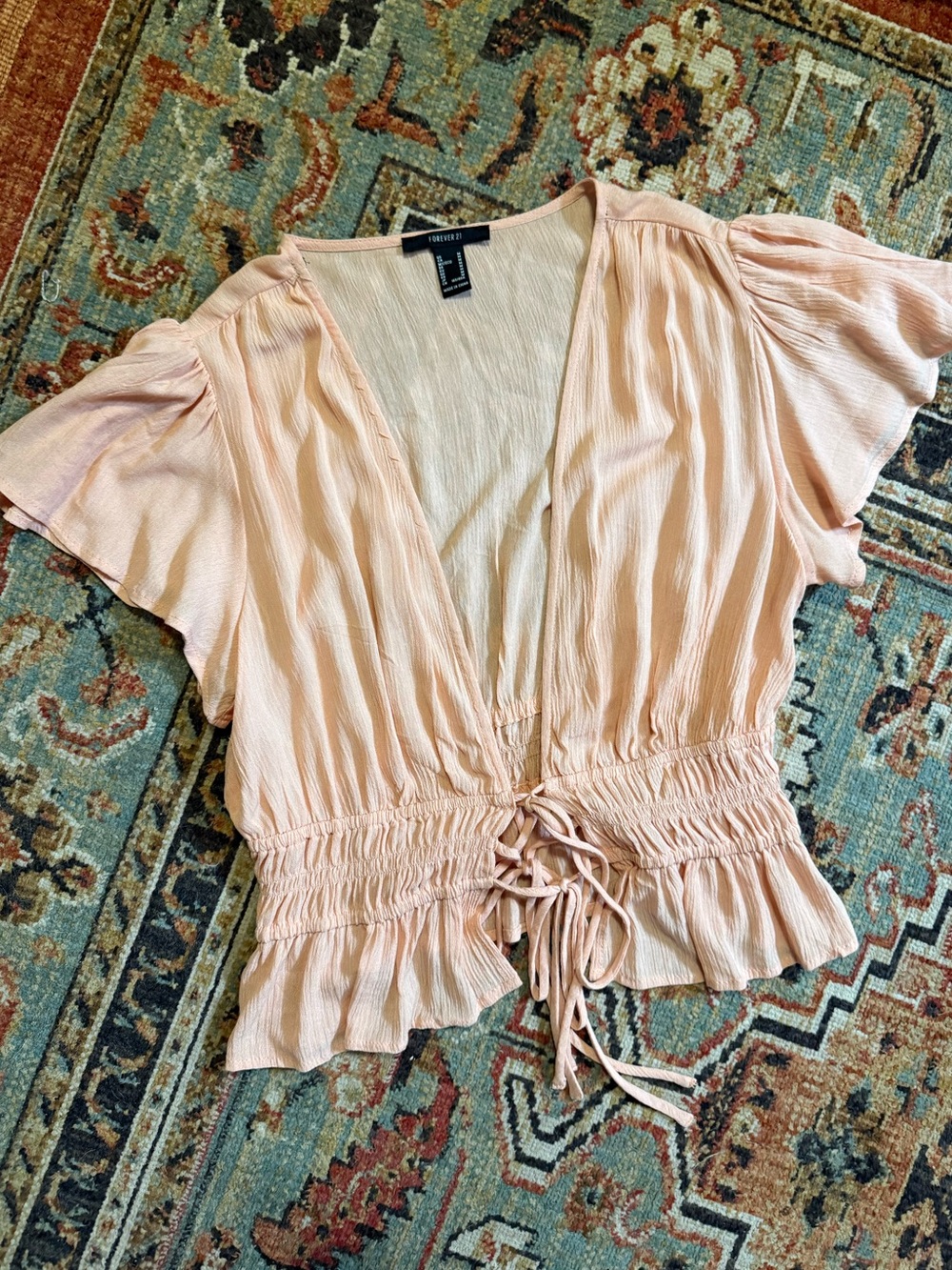 Forever 21 Pink Tie-Front V-Neck Peasant Top